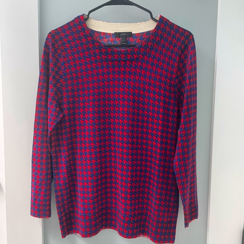 EUC JCrew Tippi Sweater Red Blue Herringbone Large